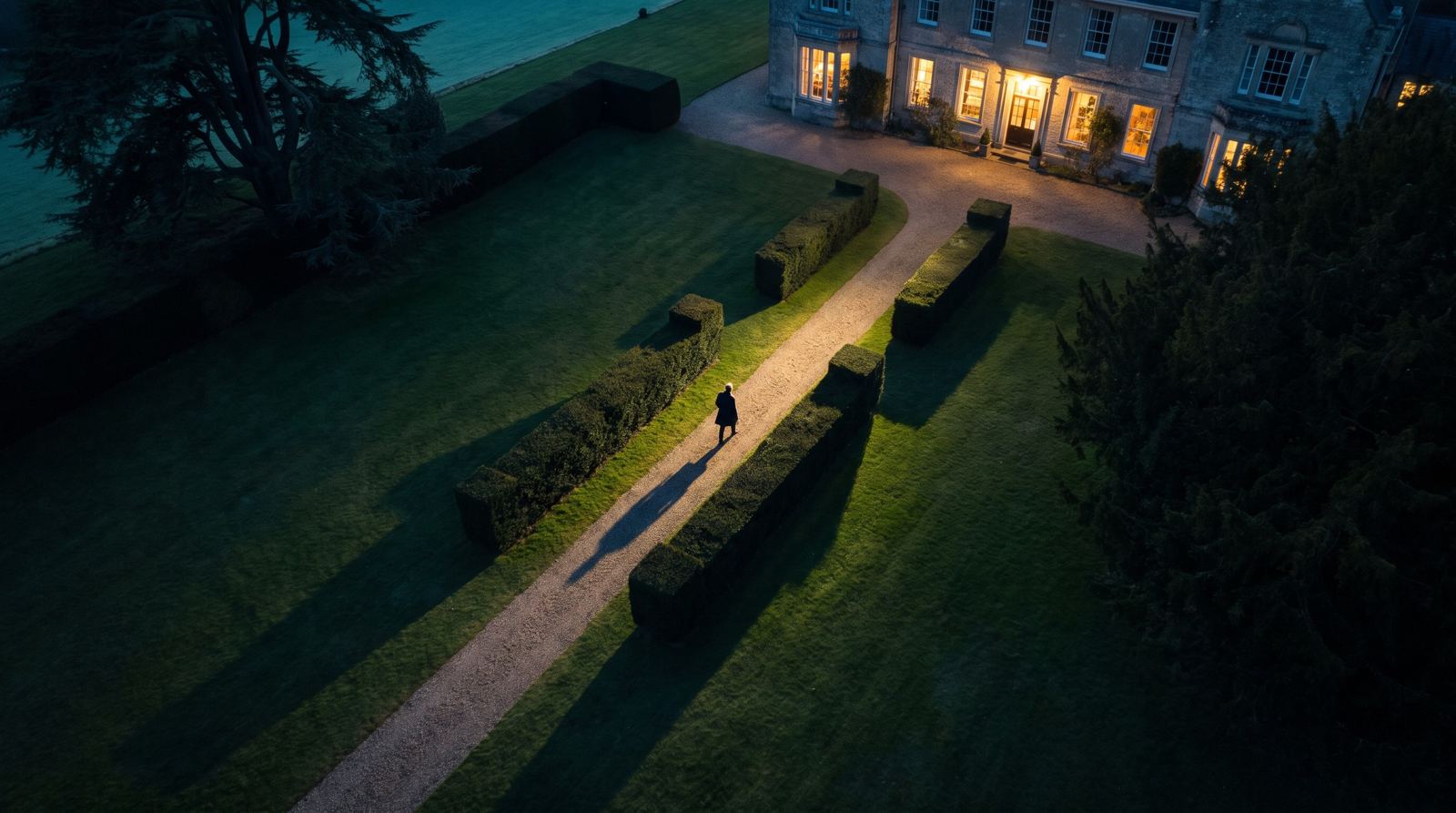 An evening view from about 15 metres up: a person in a dark coat walking along a gravel path between clipped hedges towards a lit country house.