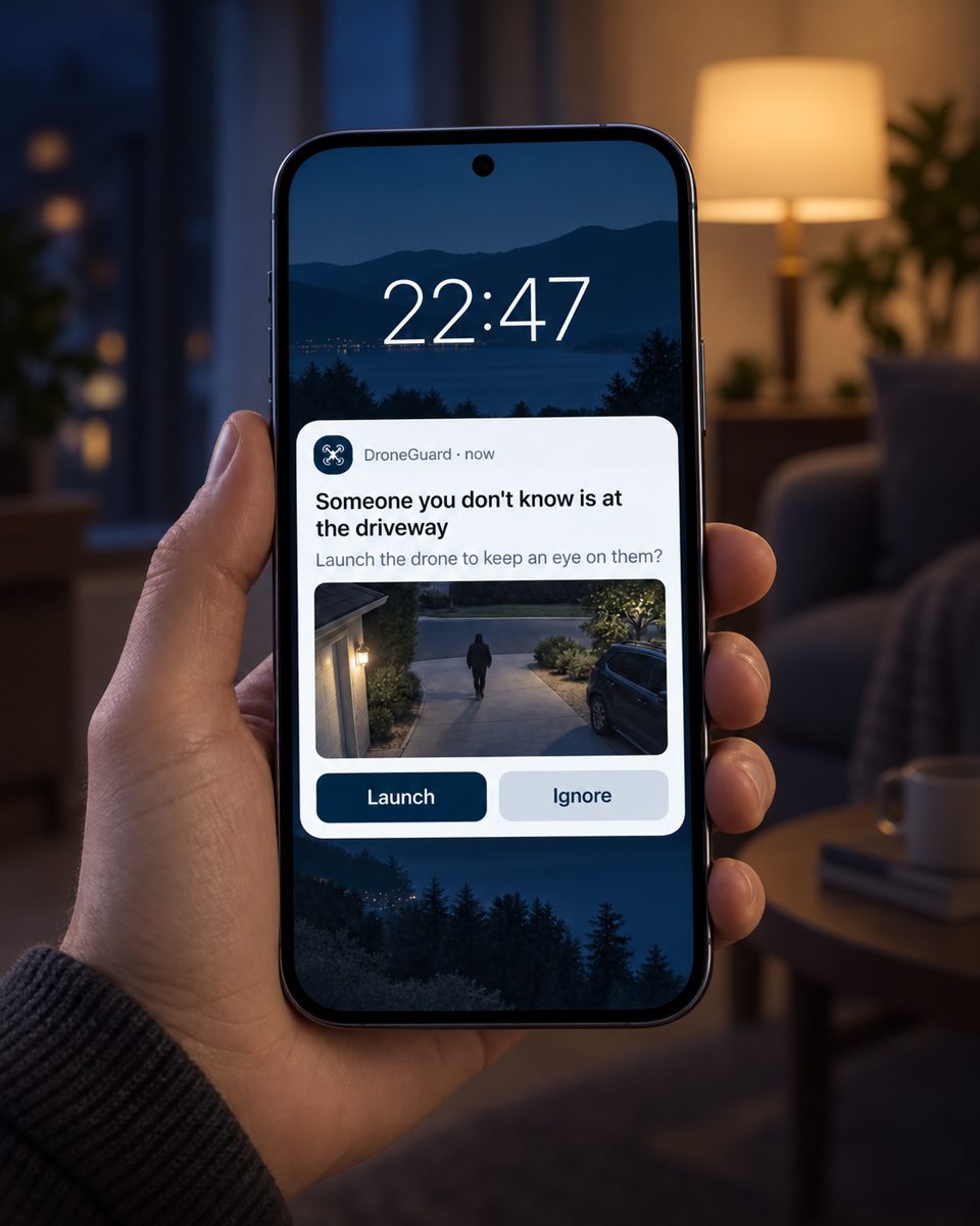A hand holding a phone at night. The lock screen shows a DroneGuard alert: someone you don't know is at the driveway, with a camera snapshot and Launch and Ignore buttons.